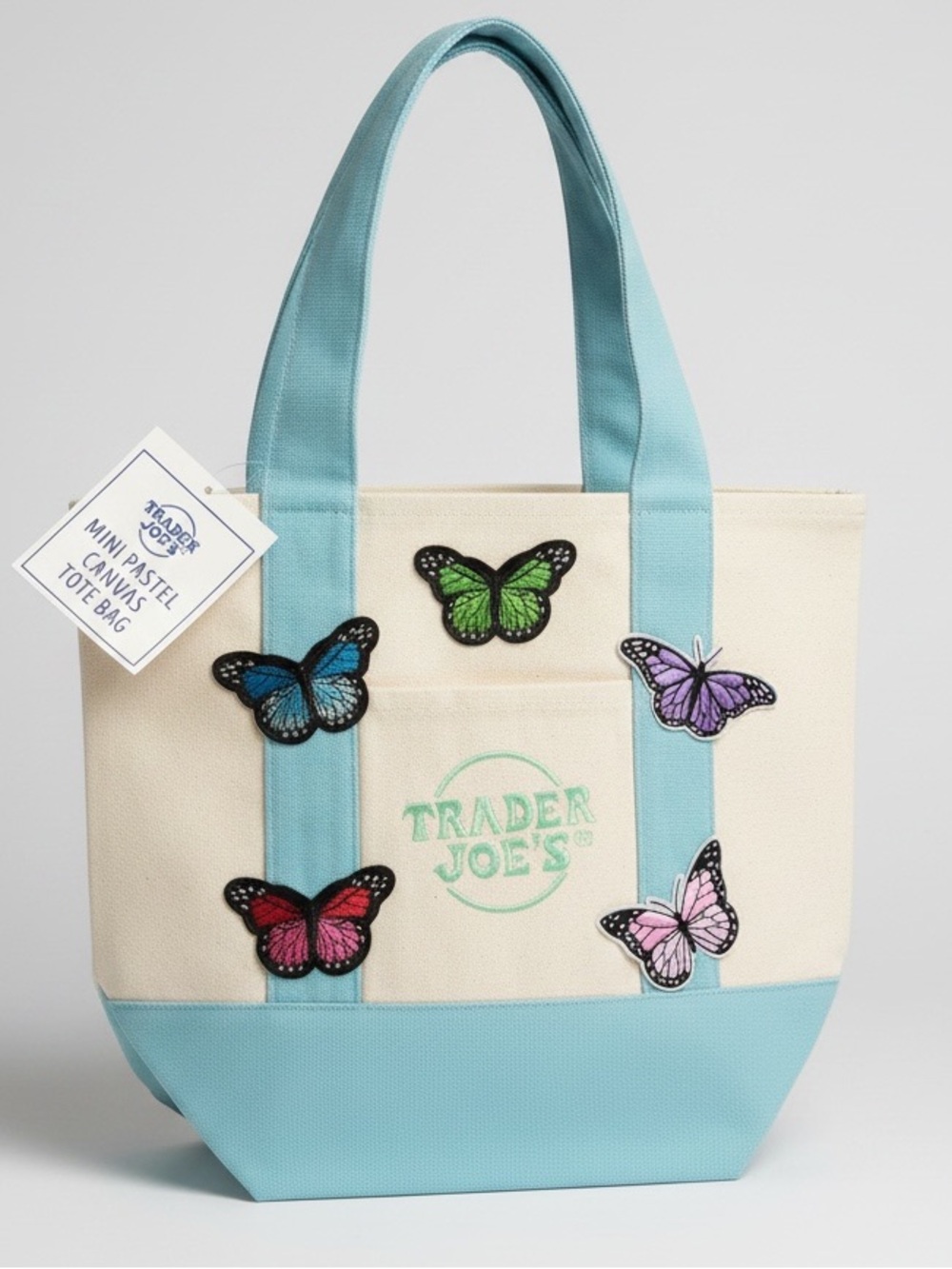 Custom Trader Joe's Cream & Light Blue Butterfly Patch Mini Canvas Tote
